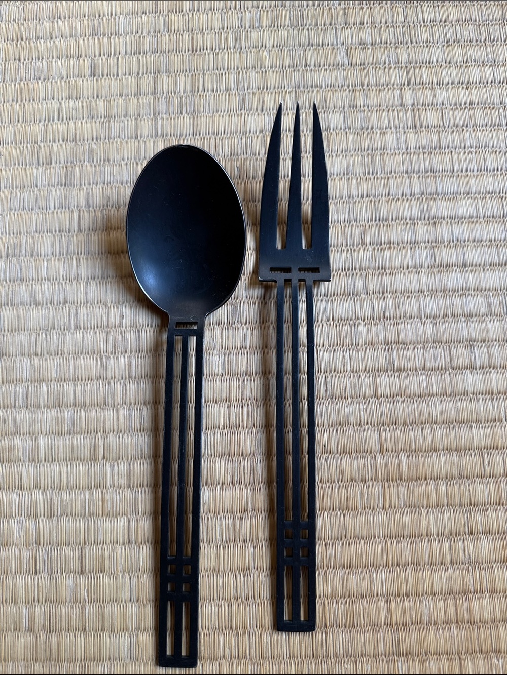 Sasaki “Windows” Matte Black Geometric Spoon and Fork Set - Home Dining